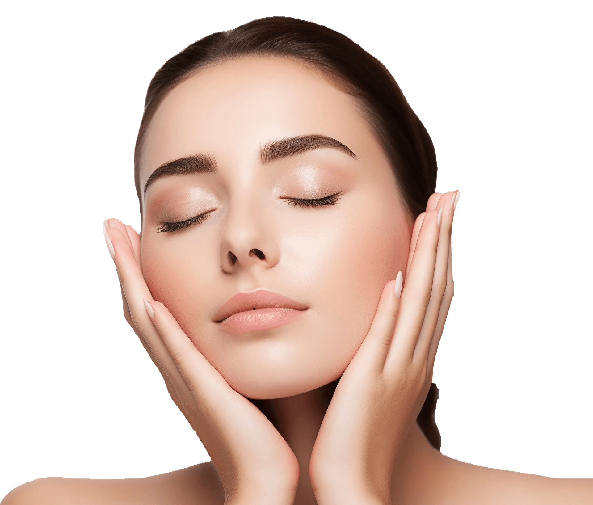 Serene person touching their face, representing clear skin